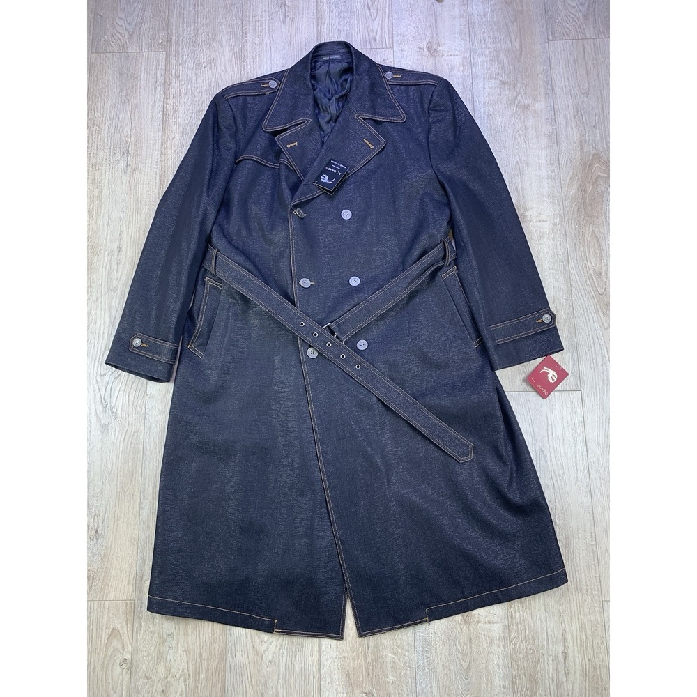 Vintage IL Canto Black Metallic Denim Trench Petti Coat Blazer Belted 50L Men
